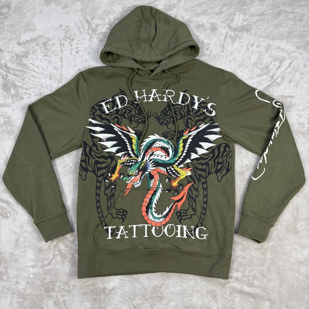 Ed Hardy Hoodie Tattooing Dragon Mens Small Green Pullover Graphic Fleece